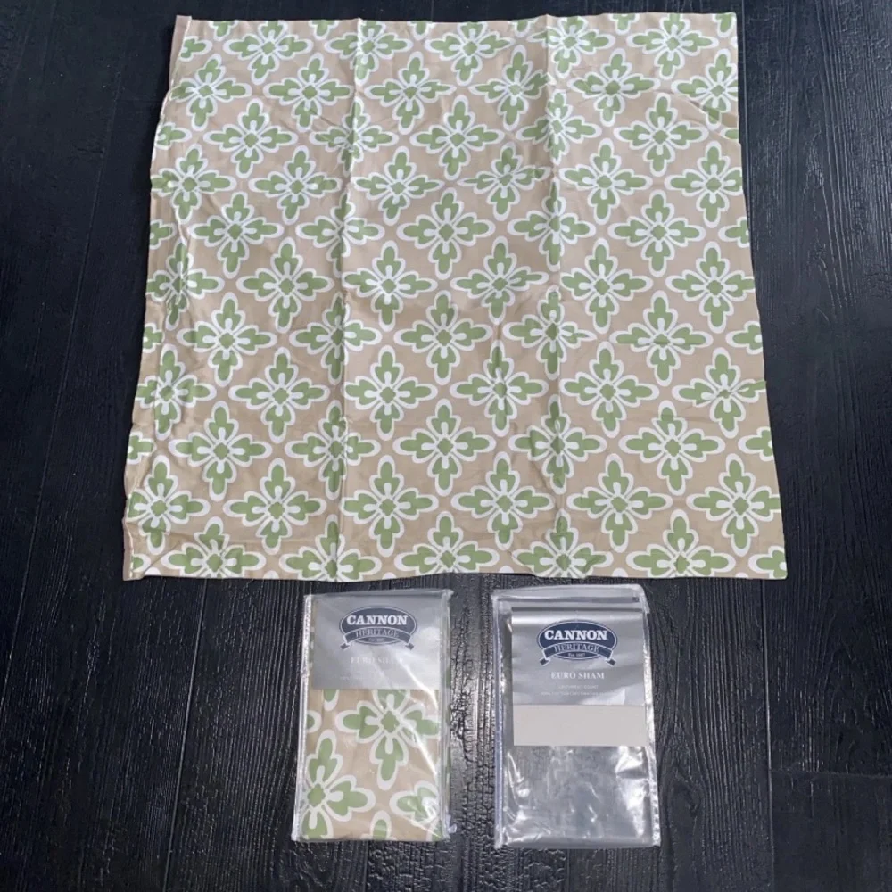 Cannon Vintage Euro Sham Pillowcase Set (2) Green‎ Tan Floral NEW Deadstock